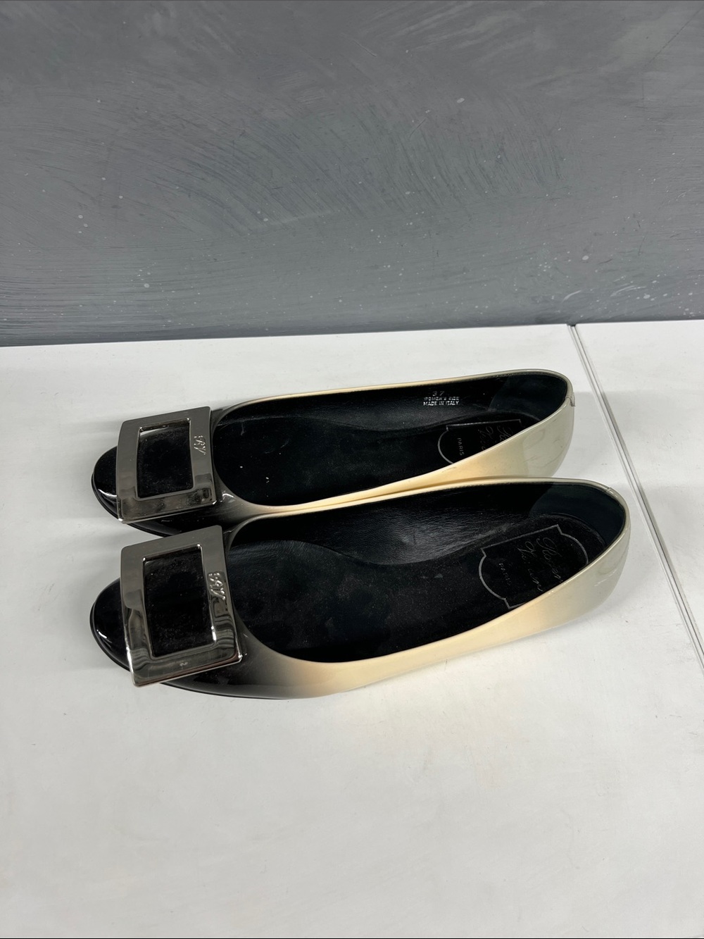 Roger Vivier Black-to-Cream Ombre Ballet Flats with Square Buckle